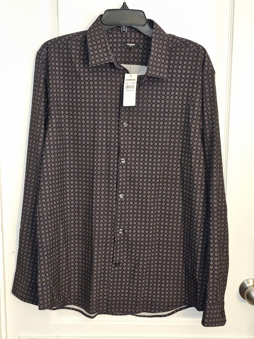 Express Slim Mex7129 Geometric Stretch Modern Dress Shirt Black Grey Men Lg NWOT